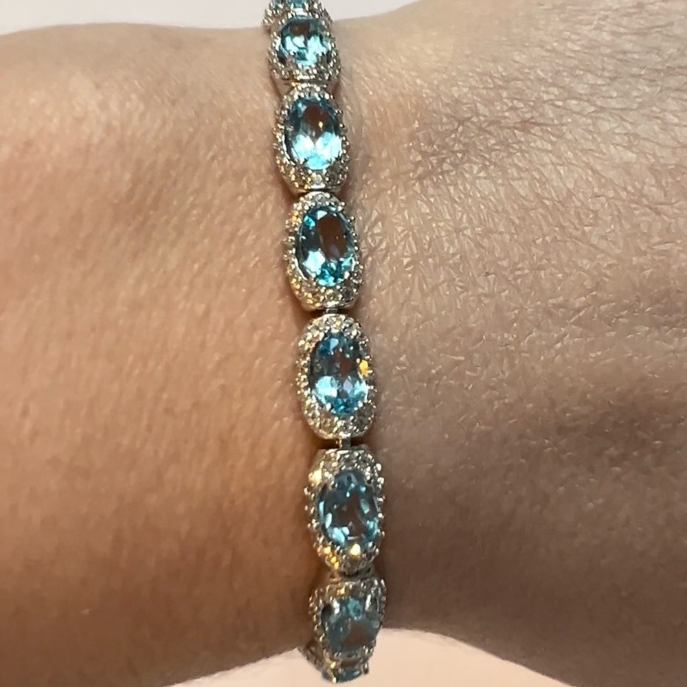 BST2 7CT Natural SWISS Blue Topaz TENNIS Bracelet Rhodium Sterling Silver